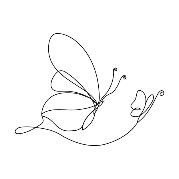 Continuous single line butterfly drawing and one line vector art illustration