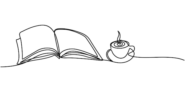 書籍を一列に並べて一行に連続して描く オープンブックと職場の机でコーヒーを飲む 一行