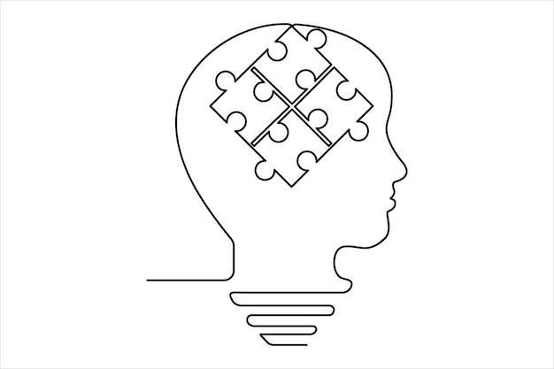 Continuous single line drawing of a man with a puzzle piece in his head vector art