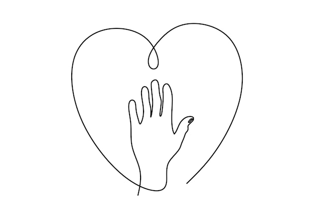 Continuous single line drawing of opened hand with heart shaped line