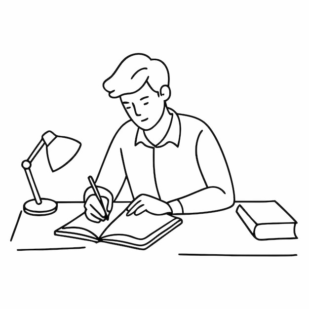 непрерывный однолинейный рисунок студента, делающего домашнее задание в линейной векторной иллюстрации 26
