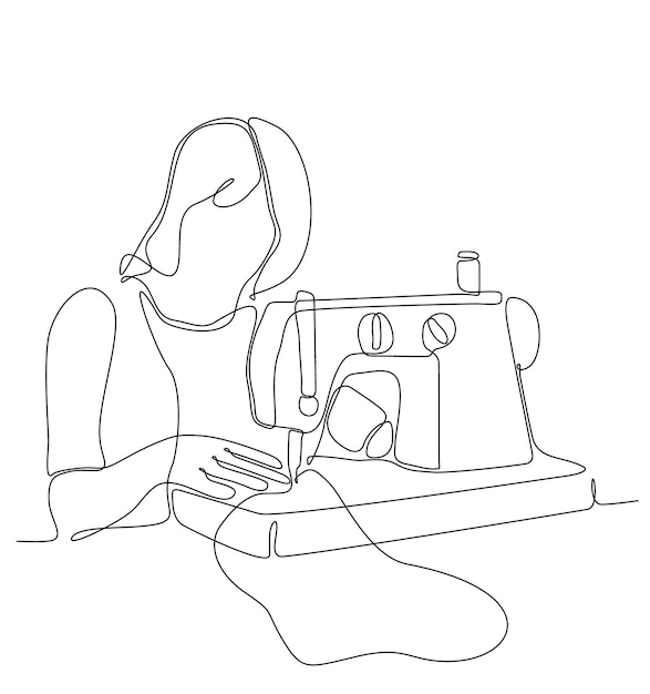 continuous single line drawn woman sewing behind hand drawn sewing machine silhouette