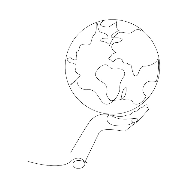 continuous single line earth globe world map outline vector art drawing and world earth day design