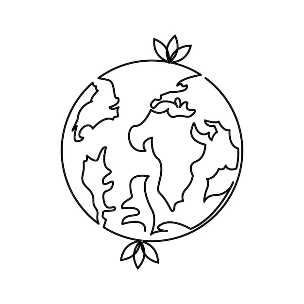 Vector continuous single line earth globe world map outline vector art drawing and world earth day design