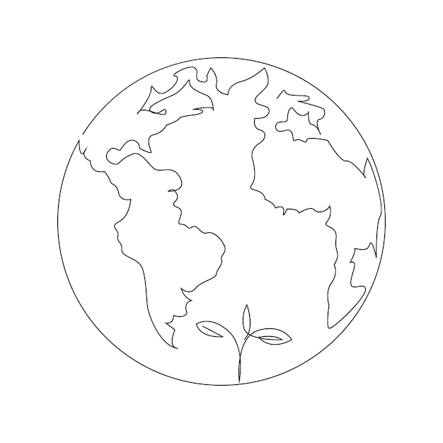 Continuous single line earth globe world map outline vector art drawing and world earth day design