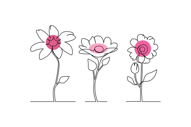 Vector continuous single line flowers set floral botanical rose and minimalist flowers drawing outline