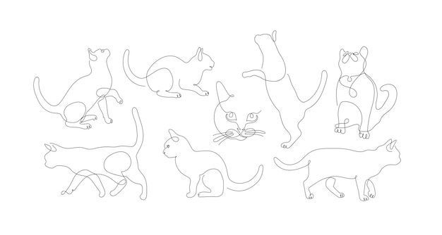 Непрерывный однолинейный векторный набор кошек коллекция непрерывных линий сидящих и бегающих кошек вид сбоку кошка векторная иллюстрация изолированный на белом фоне