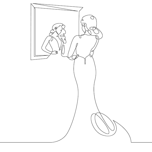 Continuous single one drawn line women women in evening dress costume worn in front of the mirror The concept of fashion is makeup