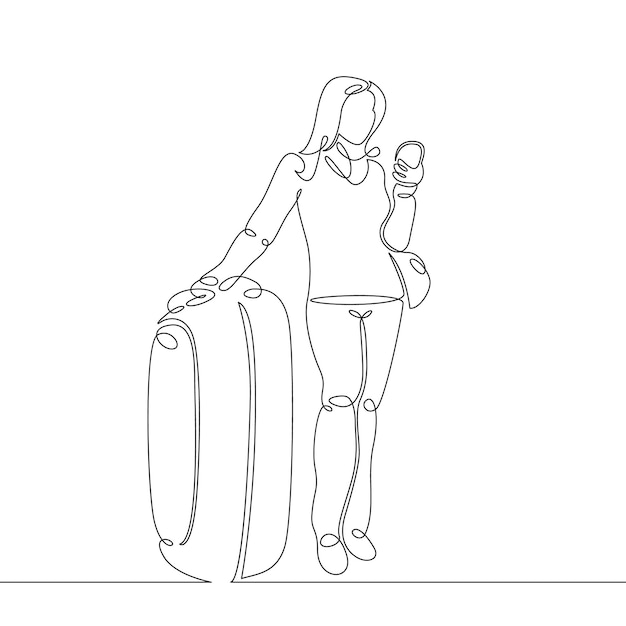 Vector continuous single one line drawn line of a passenger with a mobile phone with cellular and suitcase luggage