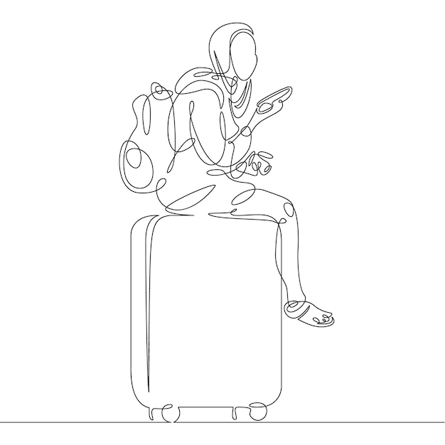 Vector continuous single one line drawn line of a passenger with a mobile phone with cellular and suitcase luggage