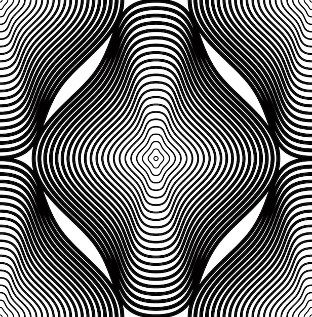 Continuous vector pattern with black graphic lines, decorative abstract background with geometric figures. Monochrome ornamental seamless backdrop, can be used for design and textile.