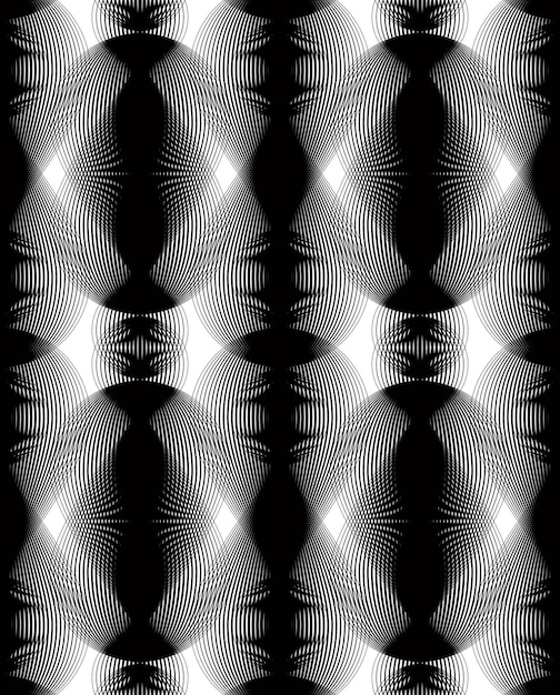 Continuous vector pattern with black graphic lines, decorative abstract background with overlay ornament. Monochrome illusive seamless backdrop, can be used for design and textile.