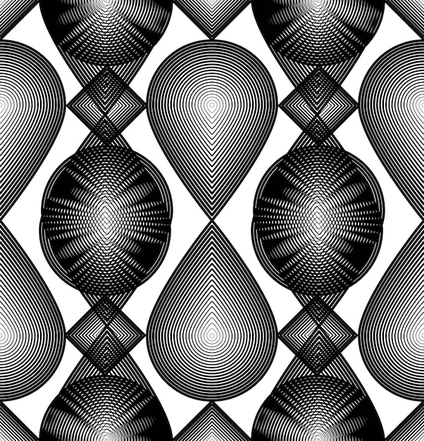 Непрерывный векторный рисунок с черными графическими линиями, декоративный абстрактный фон с накладным орнаментом. Монохромный иллюзорный бесшовный фон можно использовать для дизайна и текстиля.