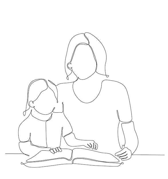 continuously drawn one line of mother reading a book to a small child