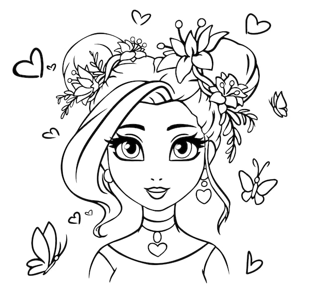 Vector contour art of girl portrait. two buns hairstyle, flowers in hair.