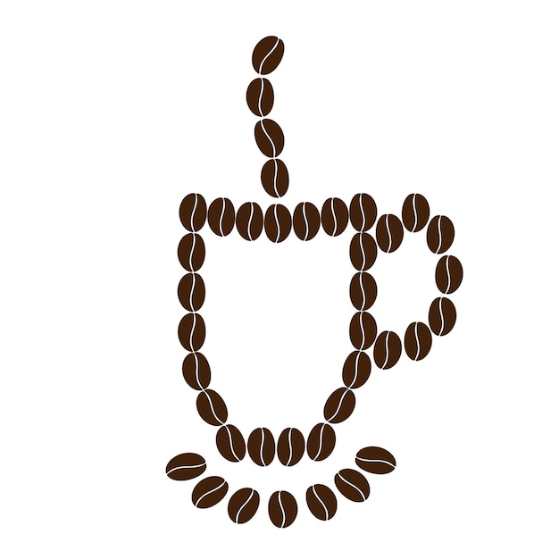 Контурный рисунок кофейной чашки с тарелкой и дымом зерна в модной коричневой идее наклейки логотипа