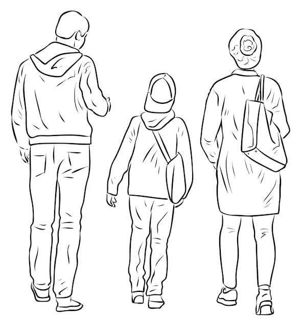 Contour drawing of family citizens walking outdoors together