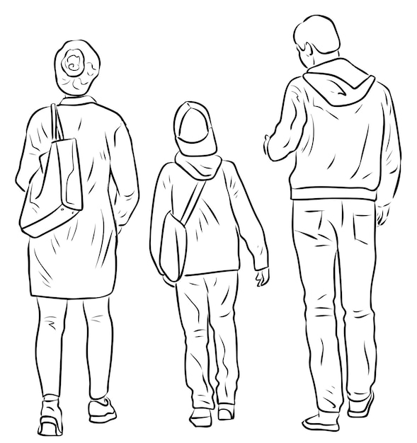 Contour drawing of family citizens walking outdoors together