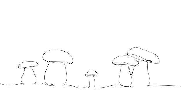 Contorno di funghi su sfondo bianco. disegno continuo di una linea di funghi.