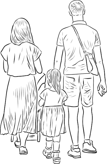 함께 산책하는 젊은 가족의 윤곽 그리기