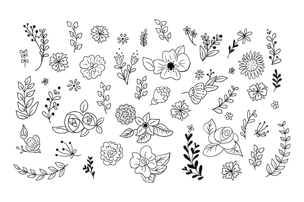 Vector contour hand drawn doodle set of spring flowers