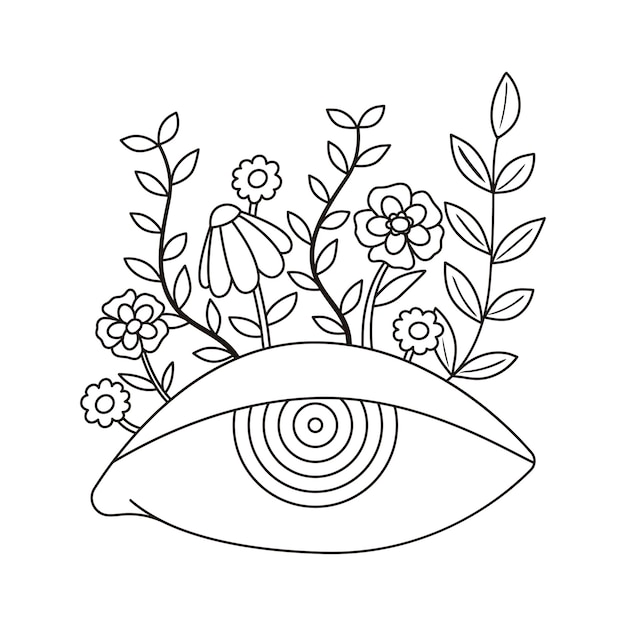 Vector contour hip oog en bloemenillustratie in jaren '70 en jaren '60stijl vintage hippielijnart