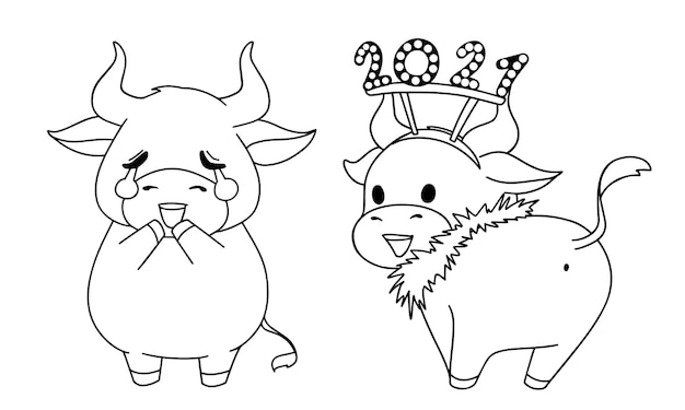 Контурная иллюстрация двух разных маленьких коров в рождественском костюме для раскраски