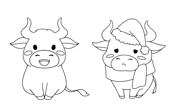 Contour illustration of two different little cow wearing Christmas costume for coloring book