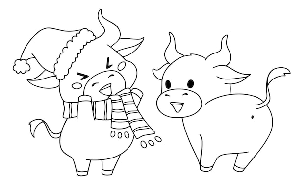 Vector contour illustration of two different little cow wearing christmas costume for coloring book