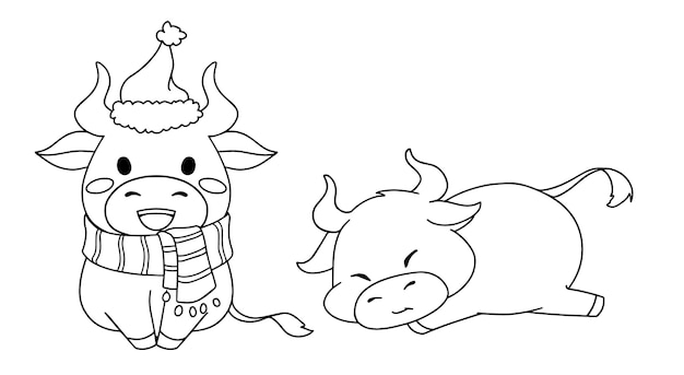 Vector contour illustration of two different little cow wearing christmas costume