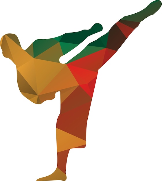 Contour Image Of Karate Fighter Colored With Polygonal Pattern Isolated On Transparent Background