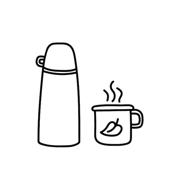 Immagine del contorno di un thermos con una tazza. siluetta nera di piatti da picnic autunnali. icona doodle, un semplice disegno a mano nera per la decorazione. clipart vettoriali di un drink autunnale durante un'escursione