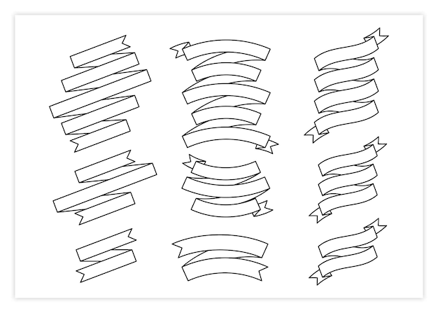 Vector contour line ribbon banner vector set illustration big collection of different shapes black stroke