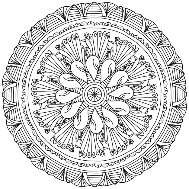 Contour mandala with doodle peacocks and striped patterns zen coloring page with funny birds