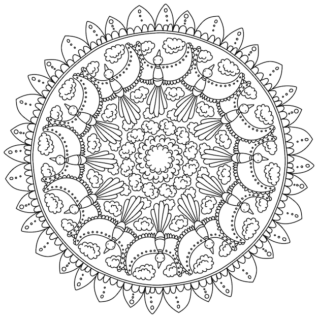 Contour mandala with fabulous flying birds and clouds magic coloring page with fantasy characters