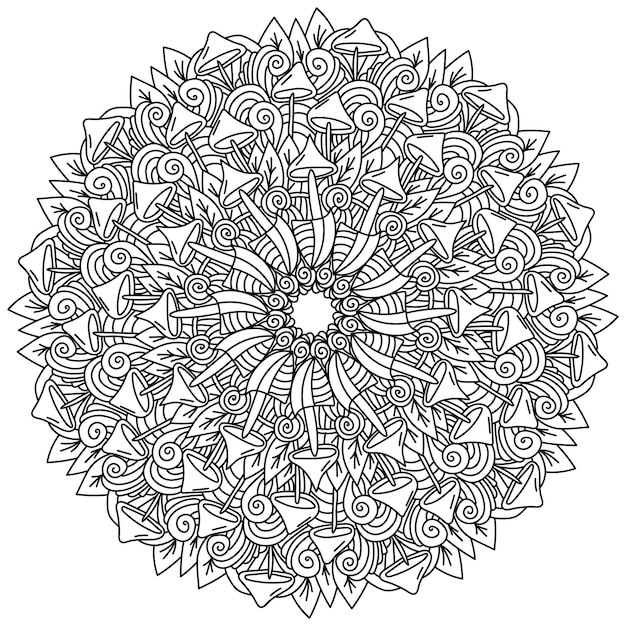 Contour mandala with mushrooms and leaves abstract coloring page with plant and fantasy motifs