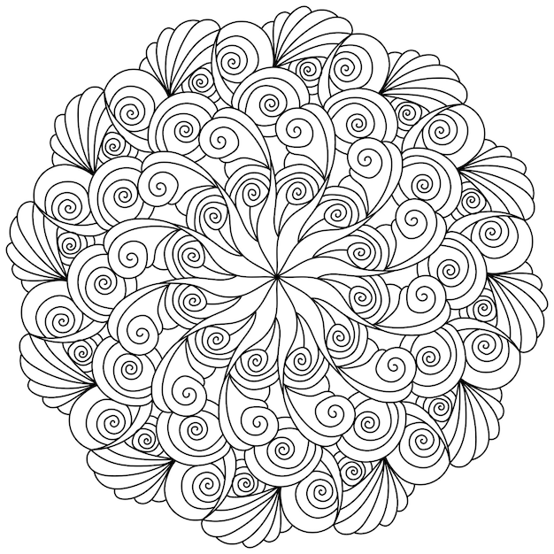 Contour mandala with swirls spirals and shells outline coloring page in the shape of a circle with symmetrical patterns