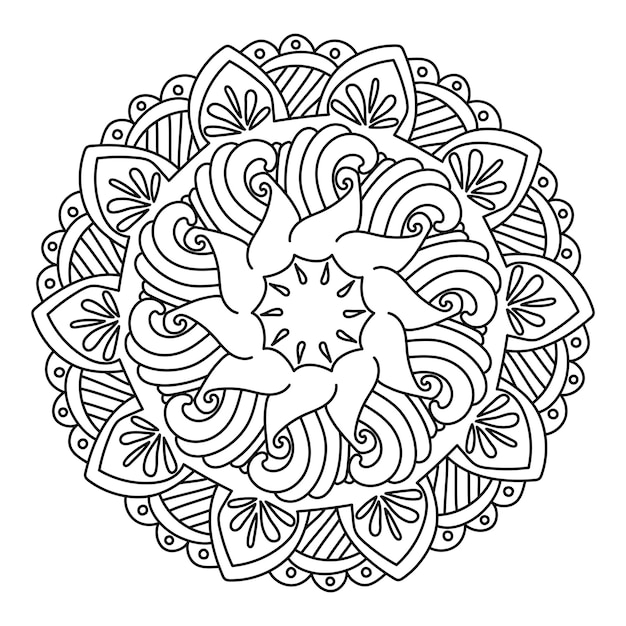 Contour mandala with waves curls and stripes round ornate pattern of simple lines