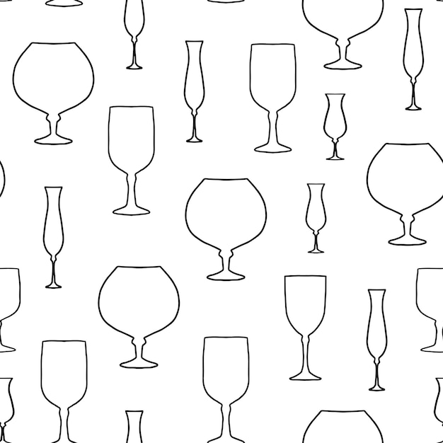 Contour pattern of glasses for alcoholic drinks. Seamless vector image on a transparent background.