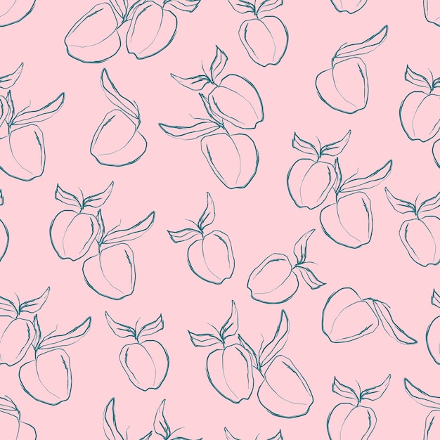 Contour peaches nectarines with leaves fruits isolated print hand illustration vector seamless pattern