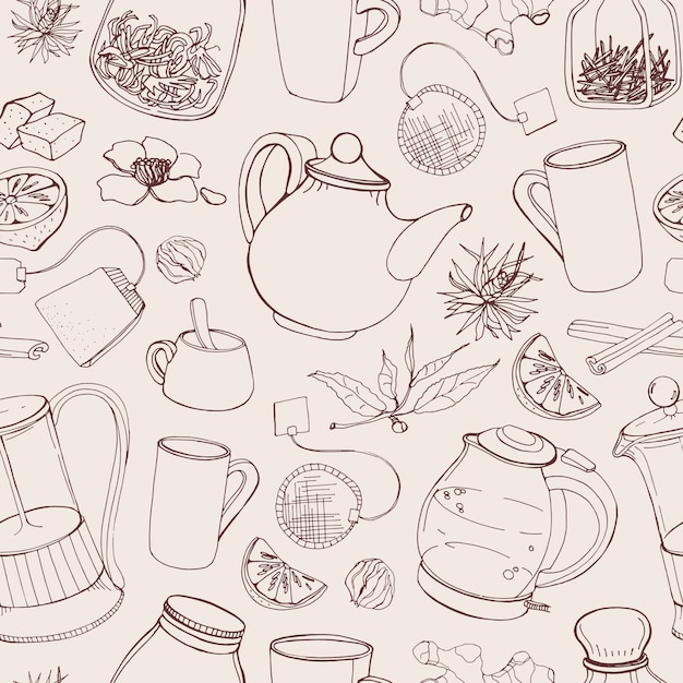 Contour seamless pattern with hand drawn tools for preparing and drinking tea