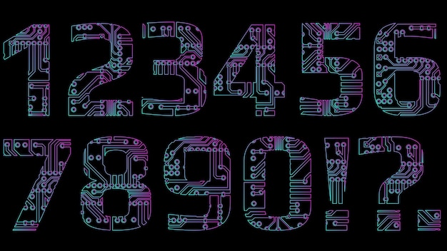 Contour set of digits in digital style perforated with PCB circuit board tracks isolated on black background Outline digits for modern digital world in purple and cyan colors Design element