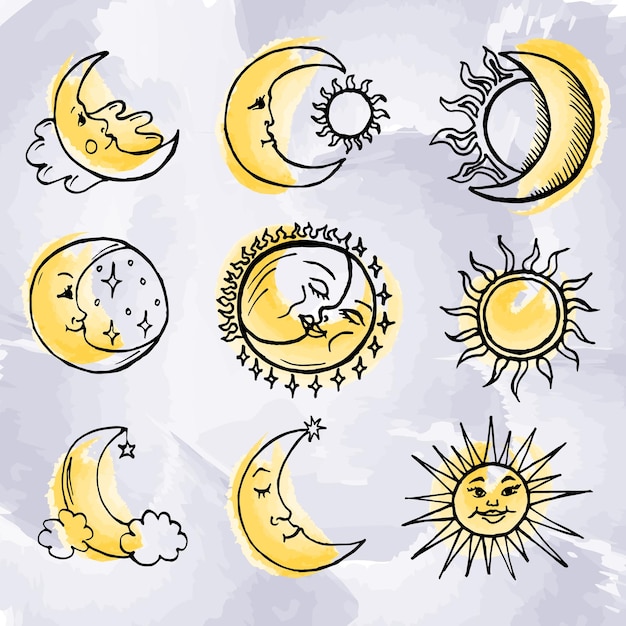 Vector contour set of moon sun and clouds on blurred background