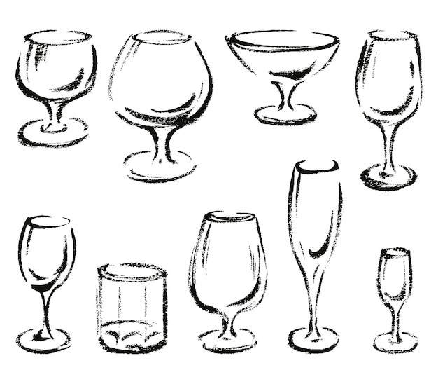 Vector contour textured drawings of set various wine glasses