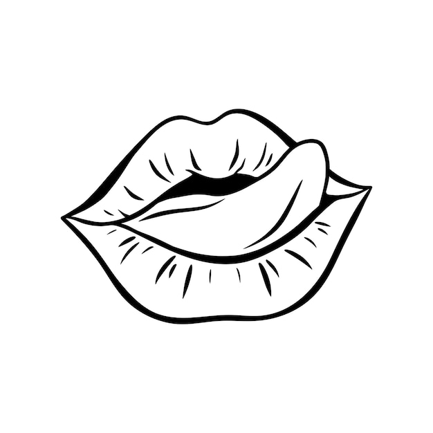 Contour van vrouwelijke lippen in retropop-artstijl Mond met tong die uitsteekt Vectorcontourillustratie