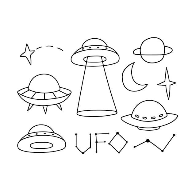 Ufo と宇宙空飛ぶ円盤エイリアン オブジェクトの輪郭ベクトル描画落書きスタイル ベクトル グラフィック地球外セットの星座彗星星惑星