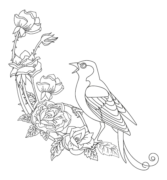 Contour vector song bird with flowers composition