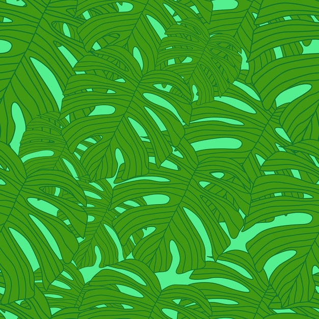 輪郭を描かれたアウトライン モンステラ シルエット シームレス パターン ヤシの葉無限の背景 植物の壁紙