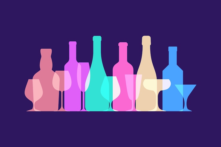 Vector contours of wine glasses and bottles for alcoholic beverages in a row