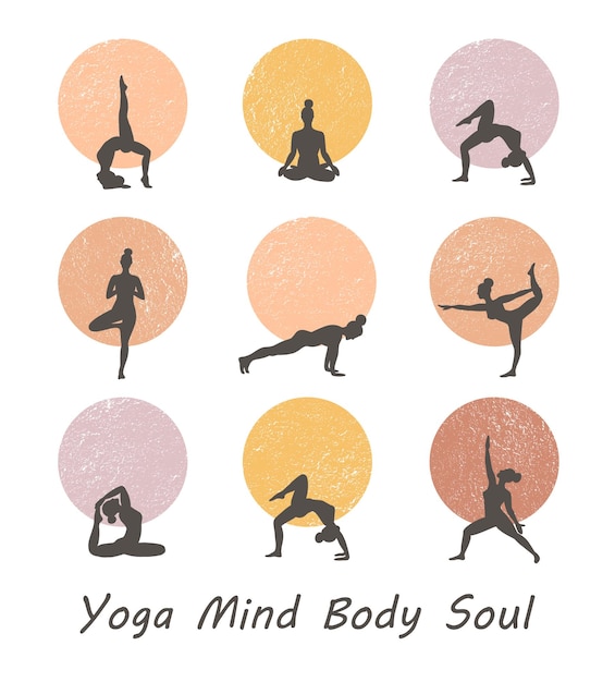 Vector contours of women in the yoga poses on a circle background trend contemporary poster